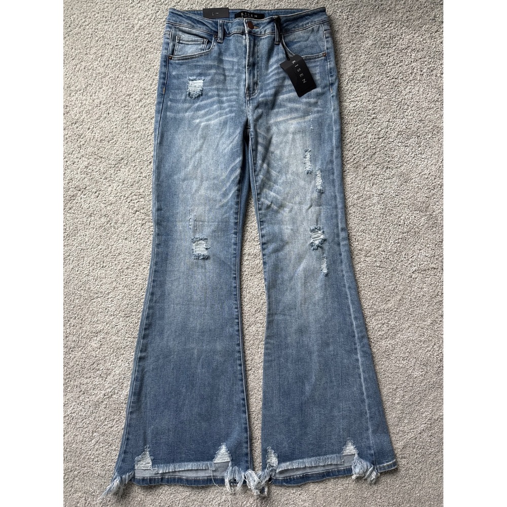 Risen Los Angeles Distressed Flare Jeans Medium Wash Size 11 30 Raw Hem NWT